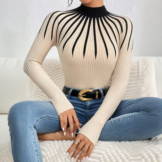 Women’s Slim Fit Mock Neck Sweater – Ribbed Striped Long Sleeve Knit