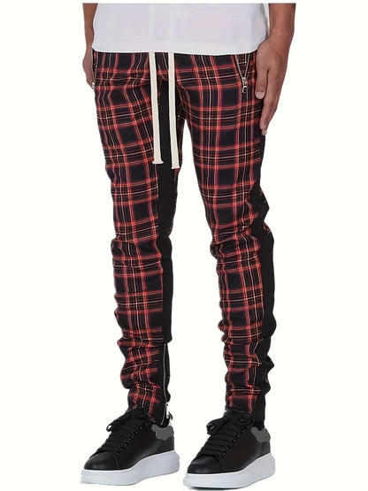 Men’s Red & Black Plaid Joggers – 3D Knit Streetwear Trousers