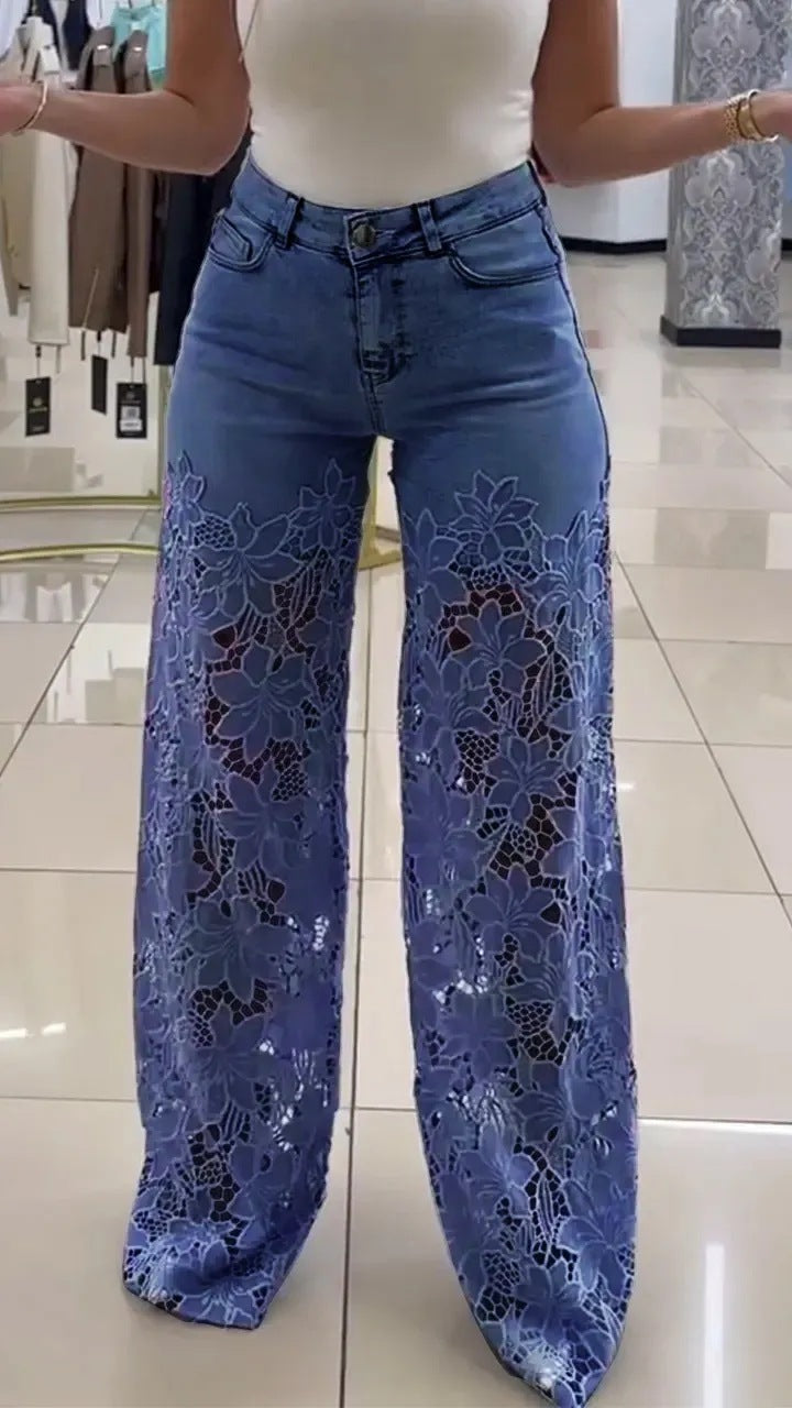 Loom & Soul™ Y2K Lace Hollow Jeans – Women’s High-Waist Wide-Leg Pants with Floral Cutout Detailing
