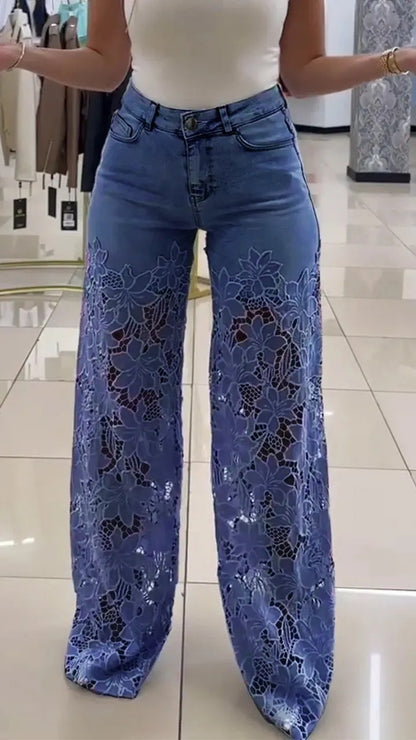 Loom & Soul™ Y2K Lace Hollow Jeans – Women’s High-Waist Wide-Leg Pants with Floral Cutout Detailing