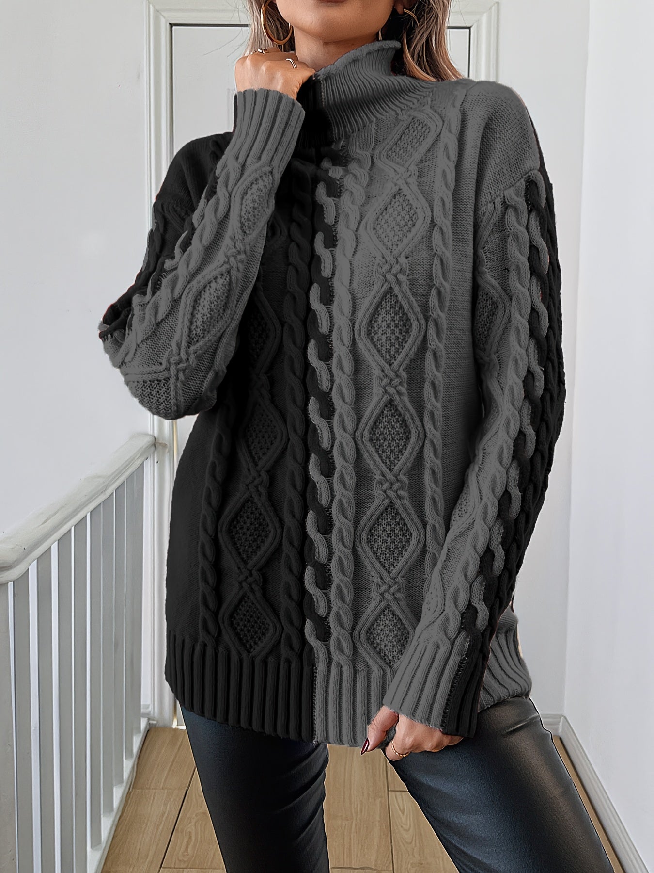 Elegant High-Neck Striped Blouse – Color-Block Knit Long Sleeve Top