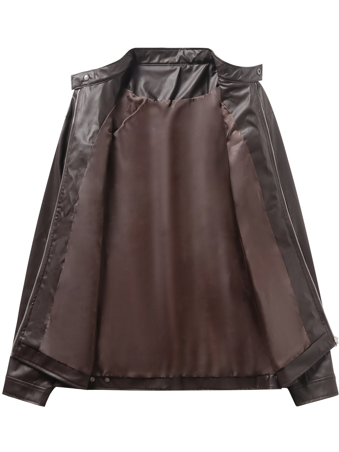 Men’s Full-Zip Motorcycle Jacket – Brown PU Leather Stand Collar Coat