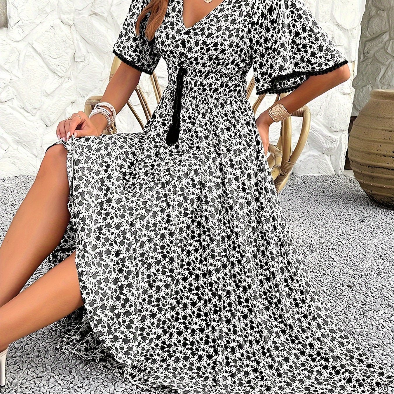 Floral Tassel V-Neck Dress – Elegant Printed A-Line Midi Dress