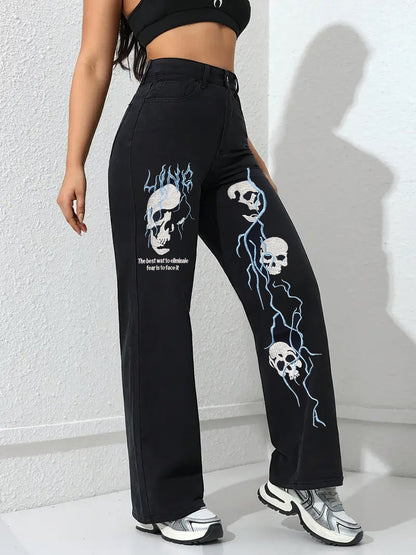 Jean brodé pour femme, style urbain – Coupe droite ample en denim