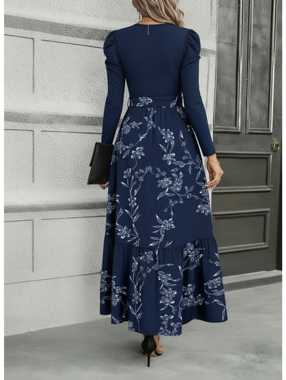 Robe longue portefeuille bleu marine à imprimé floral – Robe trapèze élégante de style rétro