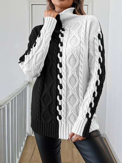 Elegant High-Neck Striped Blouse – Color-Block Knit Long Sleeve Top