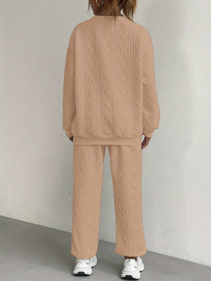 Textured Beige Sweatshirt Set – Women’s Long Sleeve Top & Pants