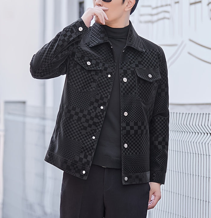 Men’s Checkered PU Coat – Black & Brown Houndstooth Street Jacket