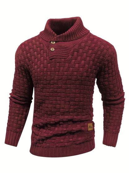 Men’s Waffle Knit Sweater – High Stretch Pullover with Lapel Collar