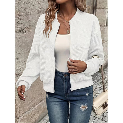 Loom & Soul Women’s Textured Bomber Jacket – Stand Collar Zip-Up Fall Fashion Coat | Chic Lightweight Casual Outerwear