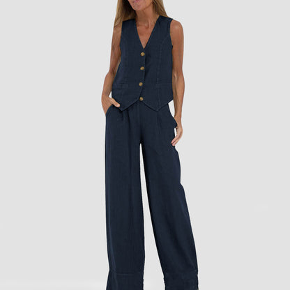 Loom & Soul™ Women’s Cotton-Linen Vest Suit – Sleeveless V-Neck Top & Loose Straight Trousers Set