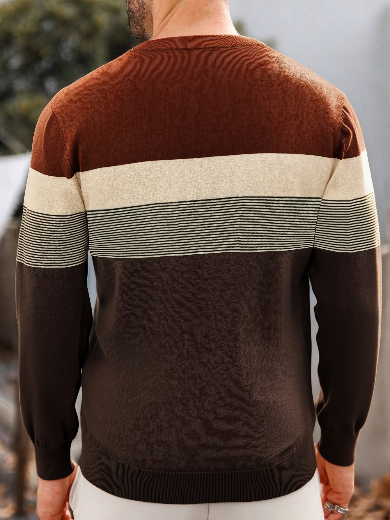 Suéter tipo jersey de punto a rayas para hombre – Clásico, manga larga, cuello redondo