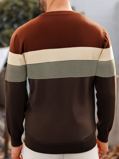 Suéter tipo jersey de punto a rayas para hombre – Clásico, manga larga, cuello redondo