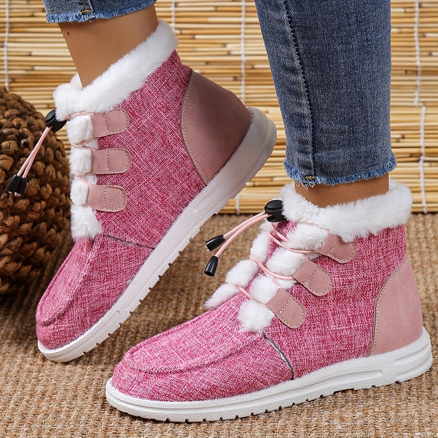 Women’s Faux Fur Slip-On Shoes – Cozy Winter Warm Beige Drawstring Loafers