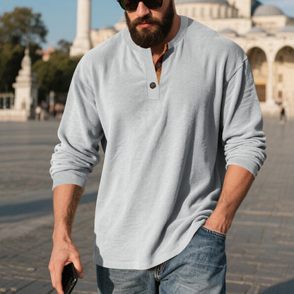 Chemise Henley côtelée rétro pour homme – Coupe ample à manches longues
