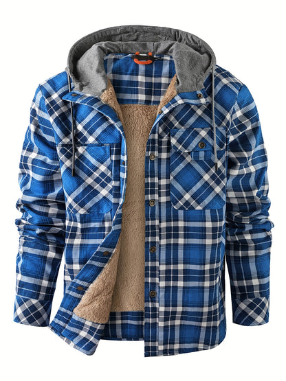 Men’s Plaid Flannel Hooded Jacket – Asymmetrical Button Tartan Coat