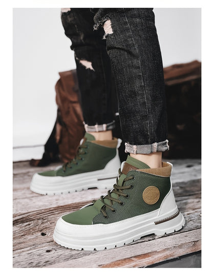 Men’s Green & White High-Top Sneakers – Lace-Up Streetwear Boots