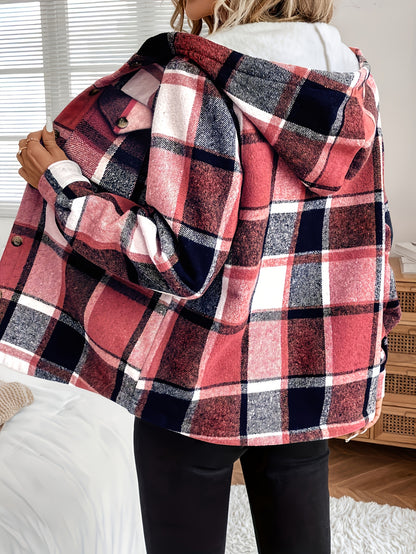 Women’s Plaid Hooded Jacket – Fleece-Lined Button-Up All-Season Outerwear