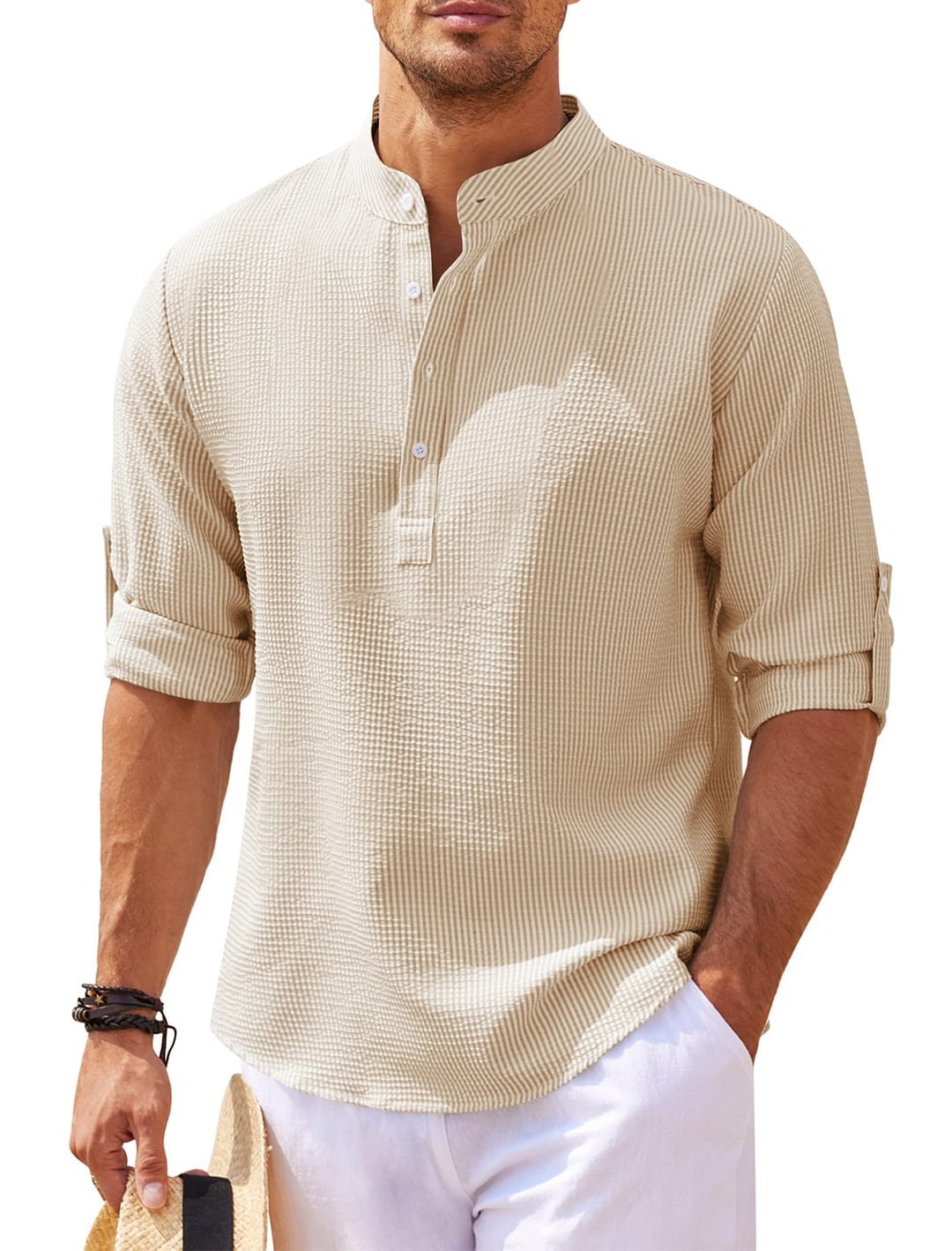 Chemise homme à col montant et manches longues – Pull décontracté coupe ample
