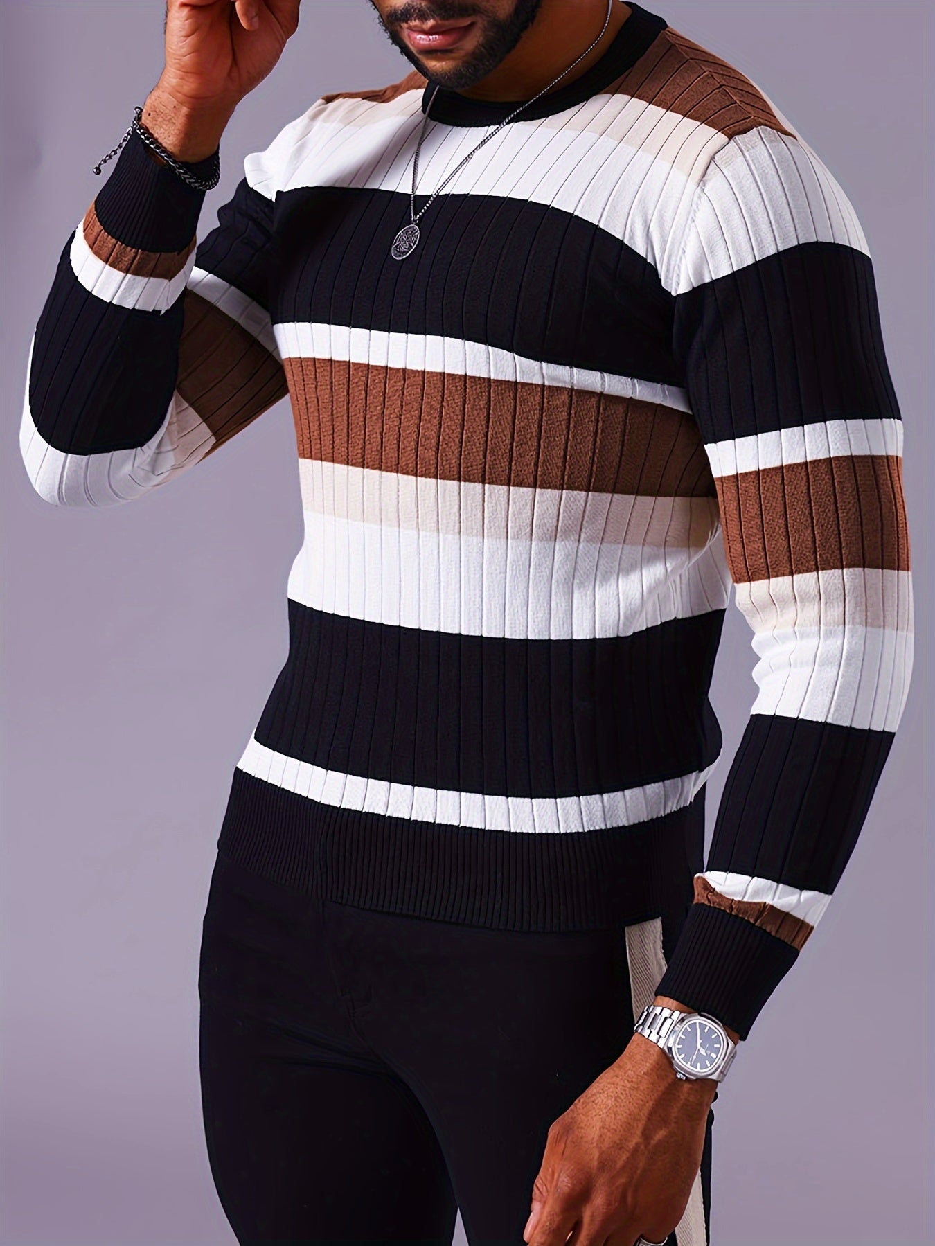 Men’s Striped Ribbed Knit Sweater – Color-Block Fall Winter Pullover