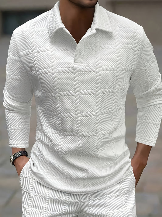 Men’s Knitted Polo Shirt – Geometric Jacquard Short Sleeve Top