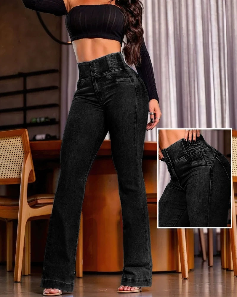 Loom & Soul™ High-Waist Button Front Jeans – Women’s Elegant Shirred-Back Slim Fit Denim Pants
