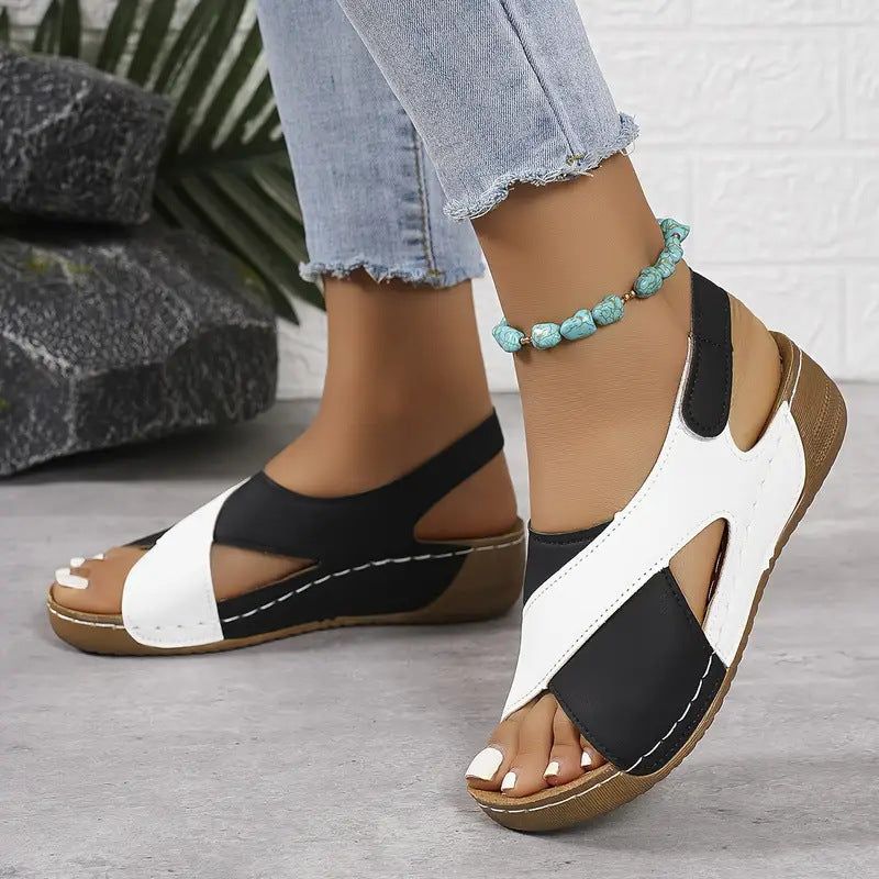 Loom & Soul Women’s Colorblock Crossed Wedge Sandals – Summer Platform Roman Shoes with Velcro Strap