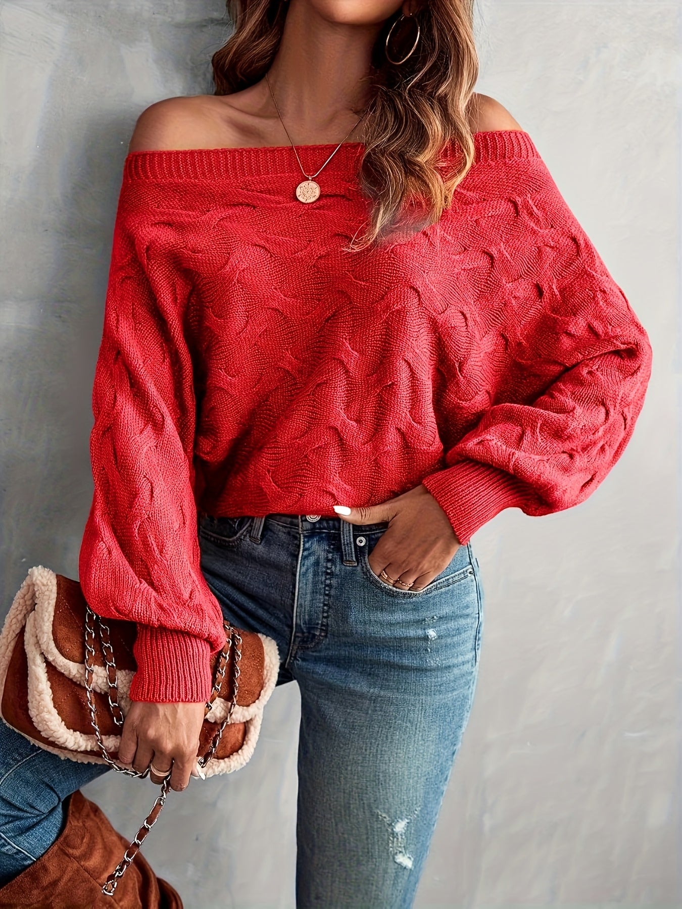 Women’s Off-Shoulder Batwing Sweater – Relaxed All-Season Knit