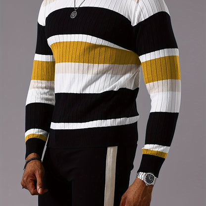 Men’s Striped Ribbed Knit Sweater – Color-Block Fall Winter Pullover