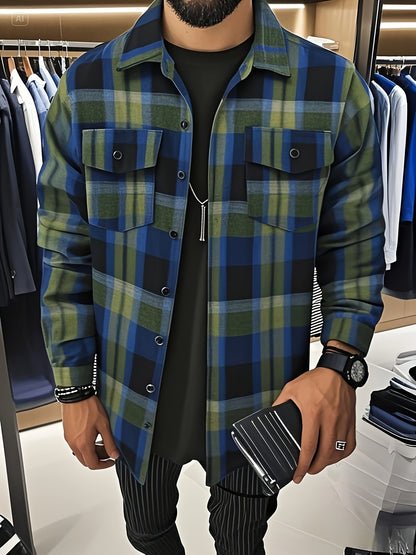 Chemise à carreaux verte et bleue pour homme – Chemise décontractée boutonnée à carreaux