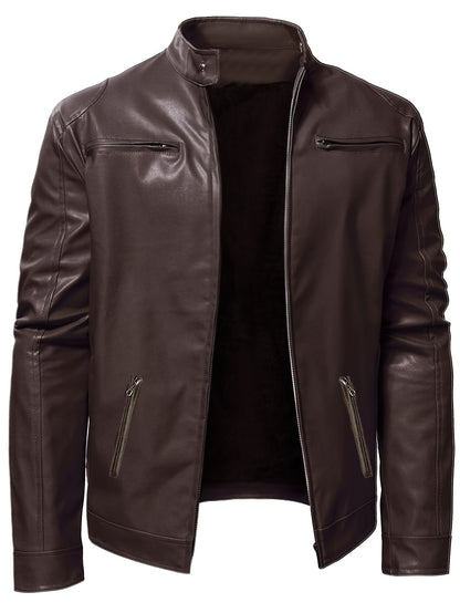 Men’s Windproof PU Jacket – Stand Collar Motorcycle Street Coat