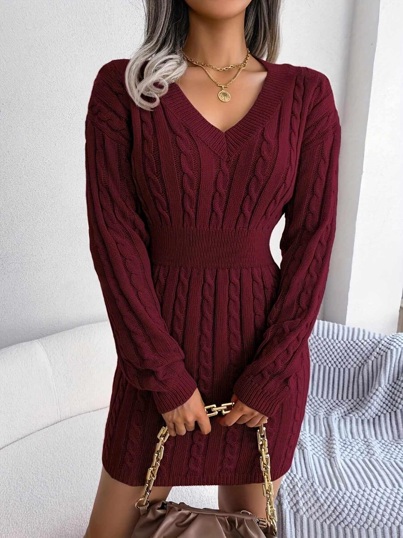 Women’s Cable Knit V-Neck Sweater Dress – Long Sleeve Winter Chic