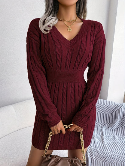 Women’s Cable Knit V-Neck Sweater Dress – Long Sleeve Winter Chic