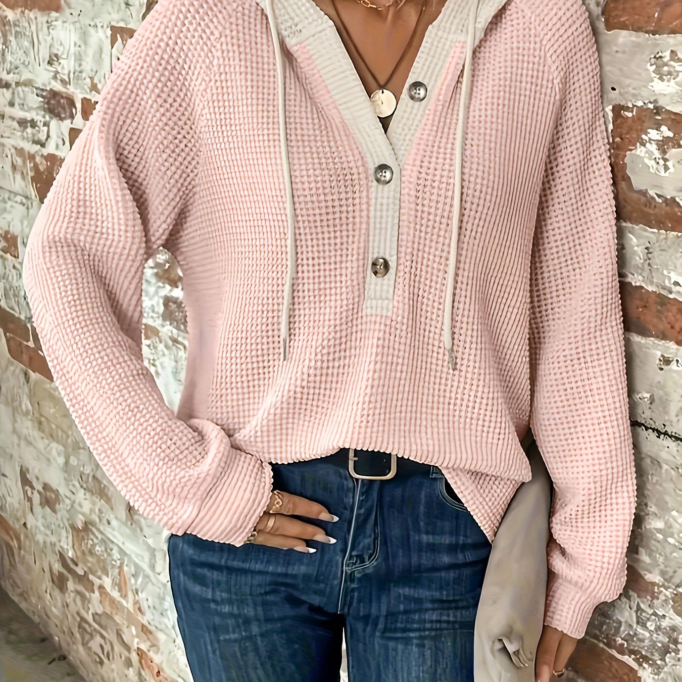 Women’s Color Block Hoodie – Button-Front Drawstring Casual Sweatshirt