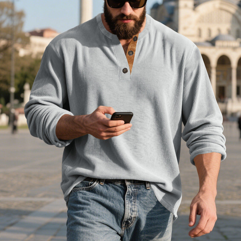 Chemise Henley côtelée rétro pour homme – Coupe ample à manches longues