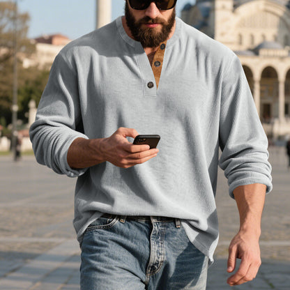 Chemise Henley côtelée rétro pour homme – Coupe ample à manches longues