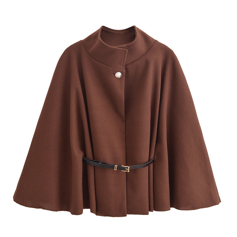 Loom & Soul Batwing Cloak Top – Stand Collar Woolen Belted Jacket for Women