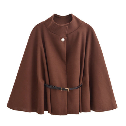 Loom & Soul Batwing Cloak Top – Stand Collar Woolen Belted Jacket for Women