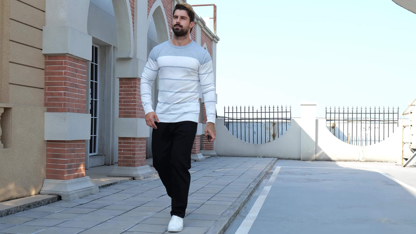 Pull tricoté rayé bleu marine pour homme – Col rond décontracté
