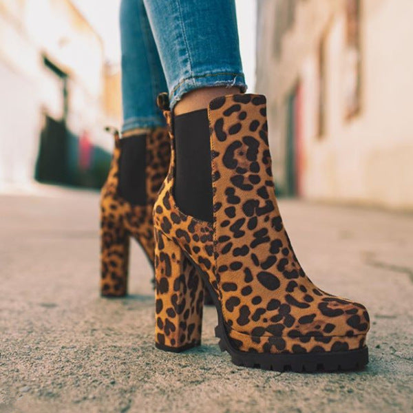 Loom & Soul Leopard Print Suede Ankle Boots – High Heel Winter Elegance