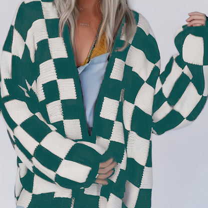 Red & White Gingham Cardigan – Women’s Cozy Fall/Winter Knit Sweater