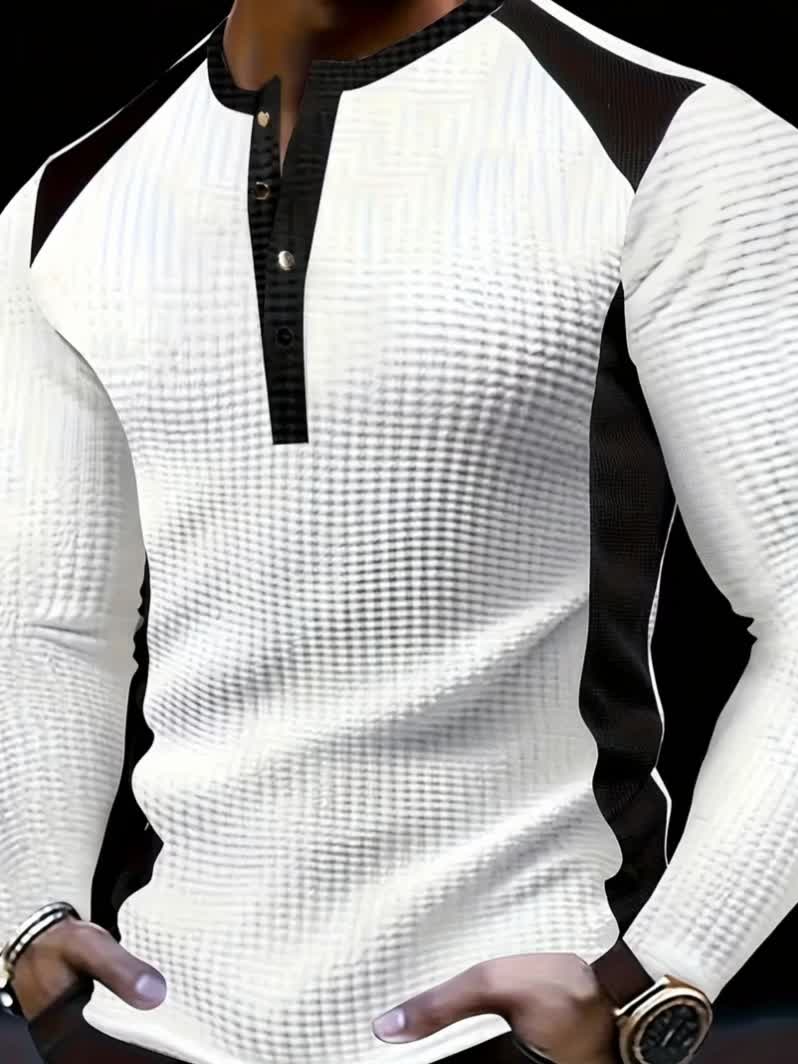 Men’s Waffle Henley Shirt – White & Black All-Season Button Top