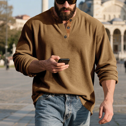 Chemise Henley côtelée rétro pour homme – Coupe ample à manches longues