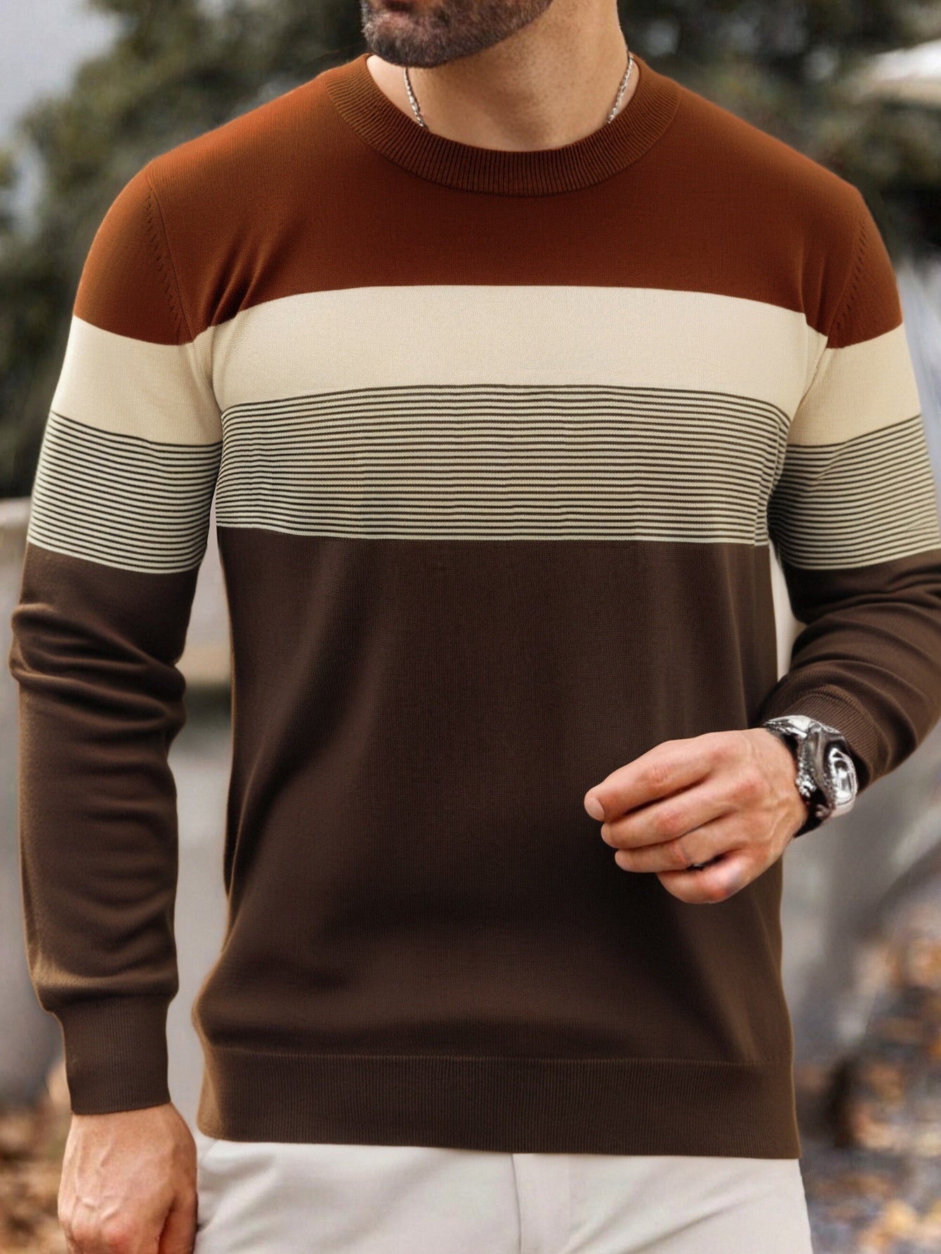 Suéter tipo jersey de punto a rayas para hombre – Clásico, manga larga, cuello redondo