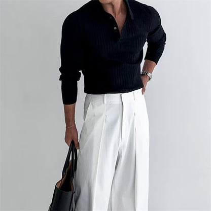 Men’s Slim Fit Long Sleeve Polo Knit – Button Lapel Style