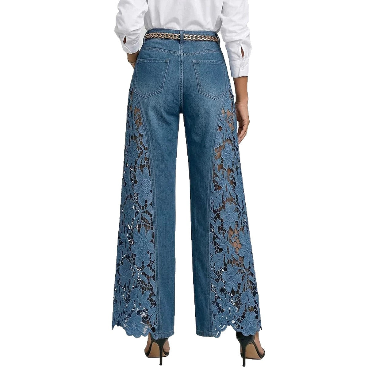 Women’s Lace Panel Jeans – High Waist Wide-Leg Denim