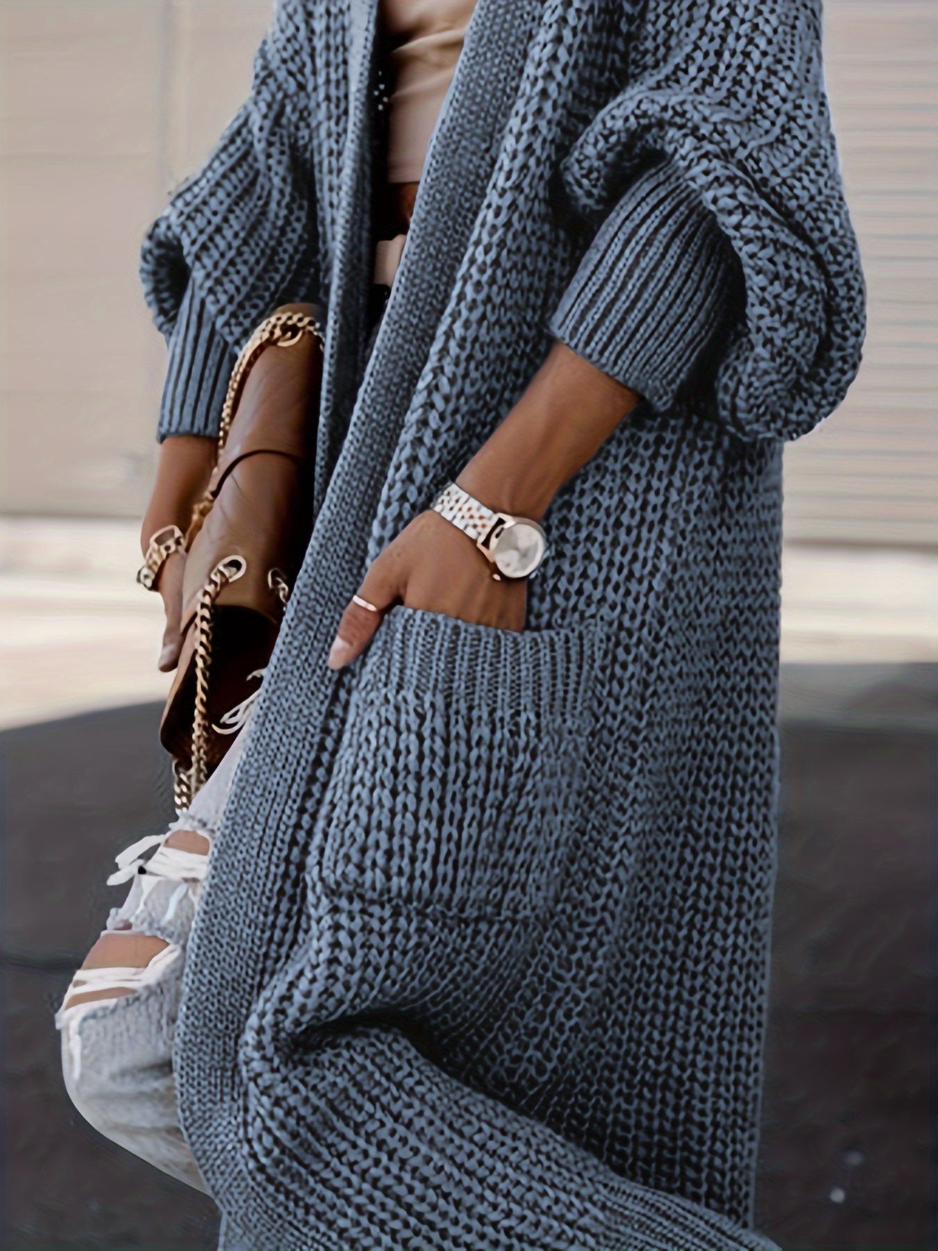 Elegant Deep V-Neck Ribbed Cardigan – Women’s Fall/Winter Knit Sweater