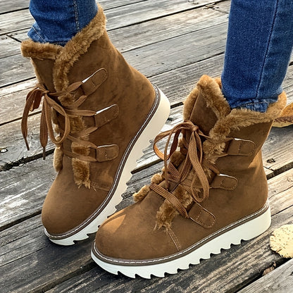 Women’s Elegant Lace-Up Winter Boots – Plush Mid-Calf Faux Fur Warm Shoes