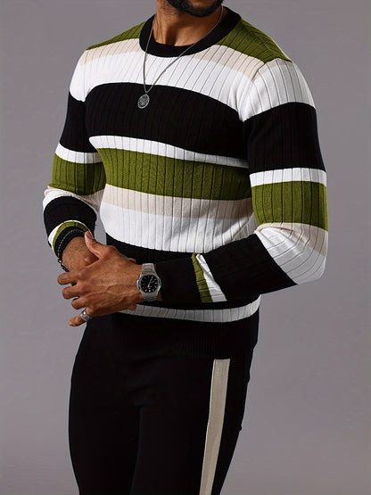 Men’s Striped Ribbed Knit Sweater – Color-Block Fall Winter Pullover