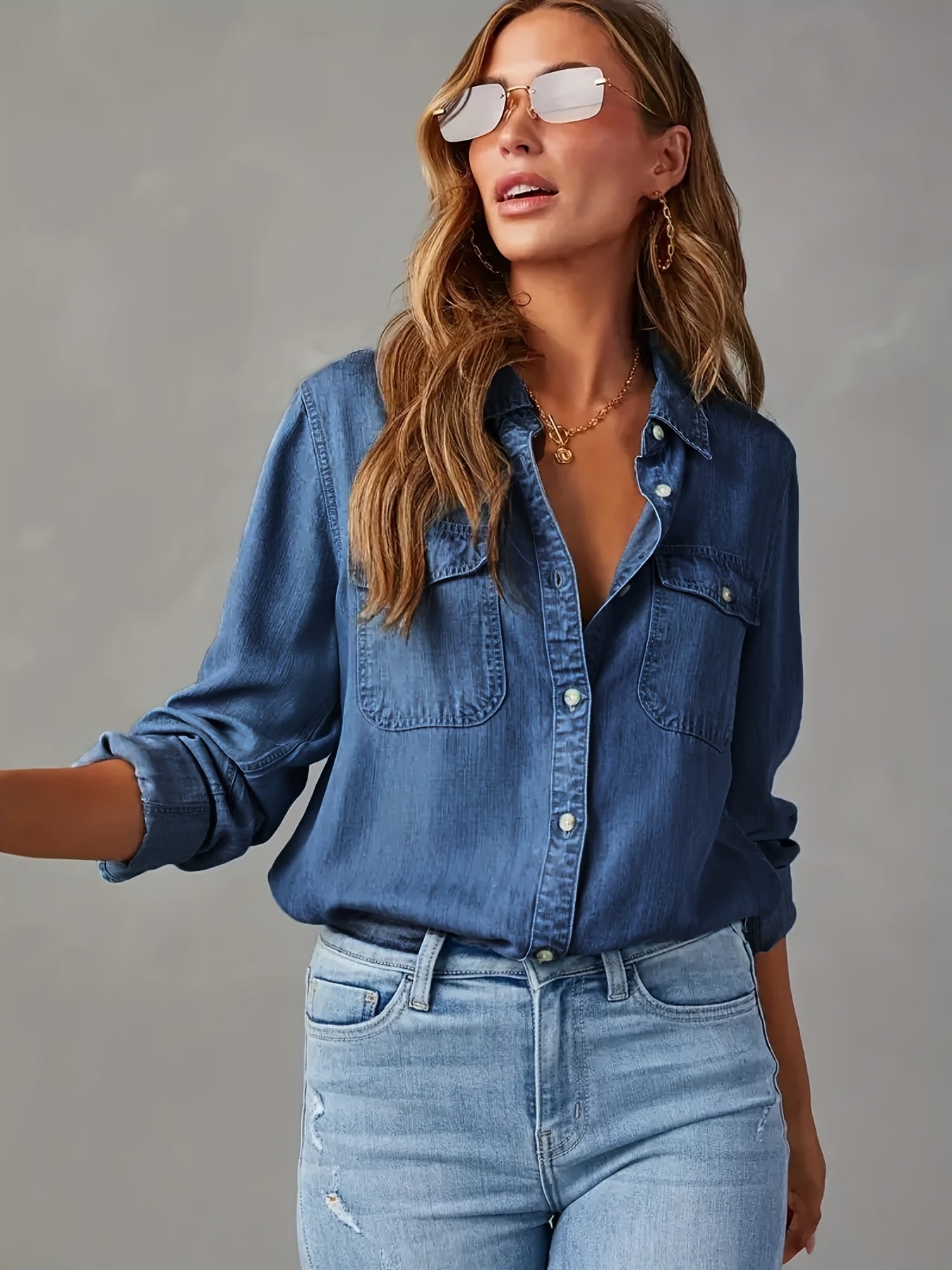 Camisa vaquera de botones para mujer – Blusa de trabajo casual de manga larga